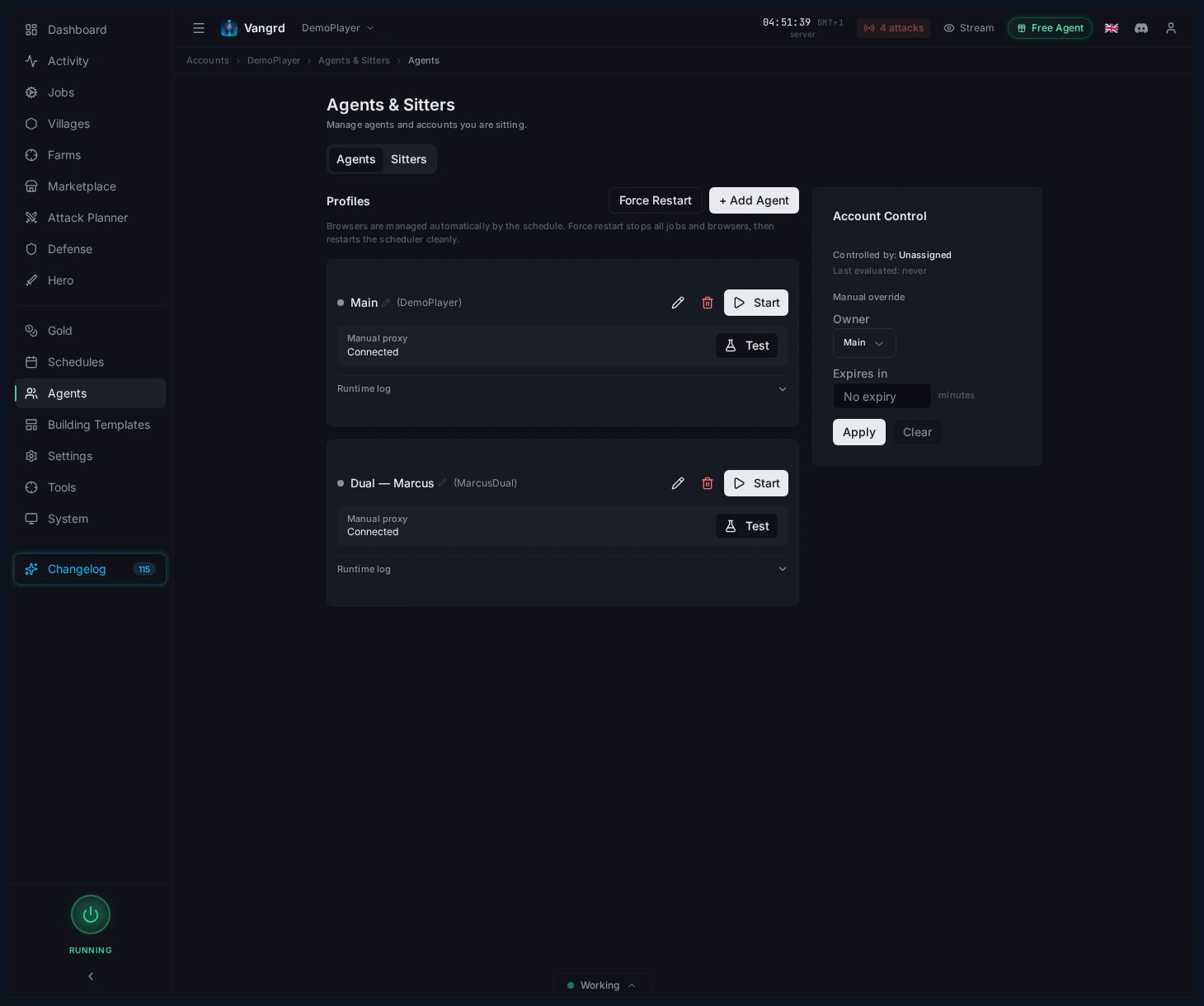 Agents and Sitters page showing the current controller, agent cards, and connection state