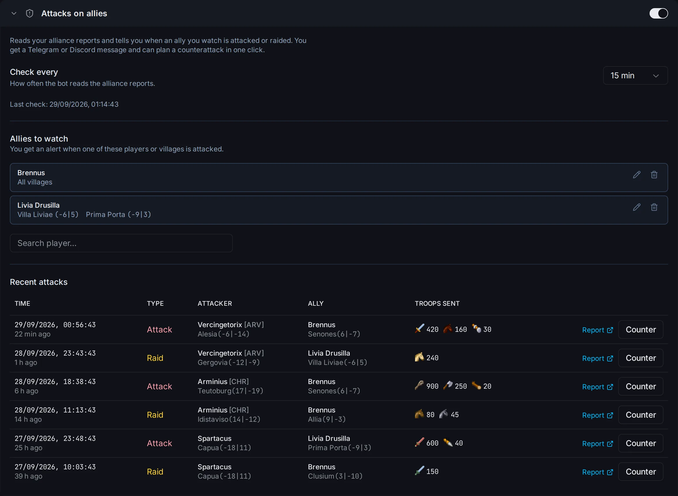 Attacks on allies section with the check interval, the watch list, and recent attacks
