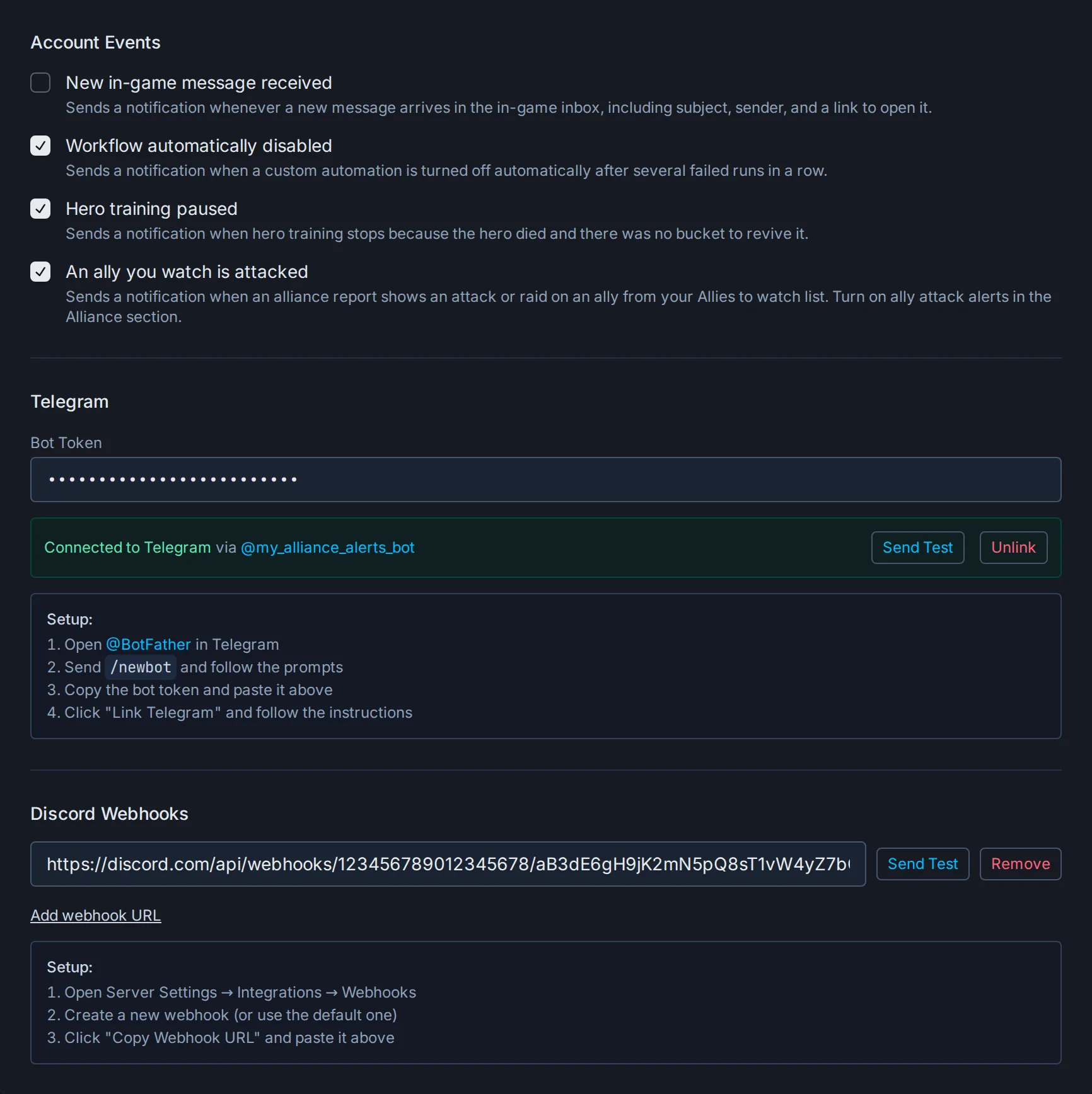 Notification settings with the ally alert ticked, Telegram connected, and one Discord webhook