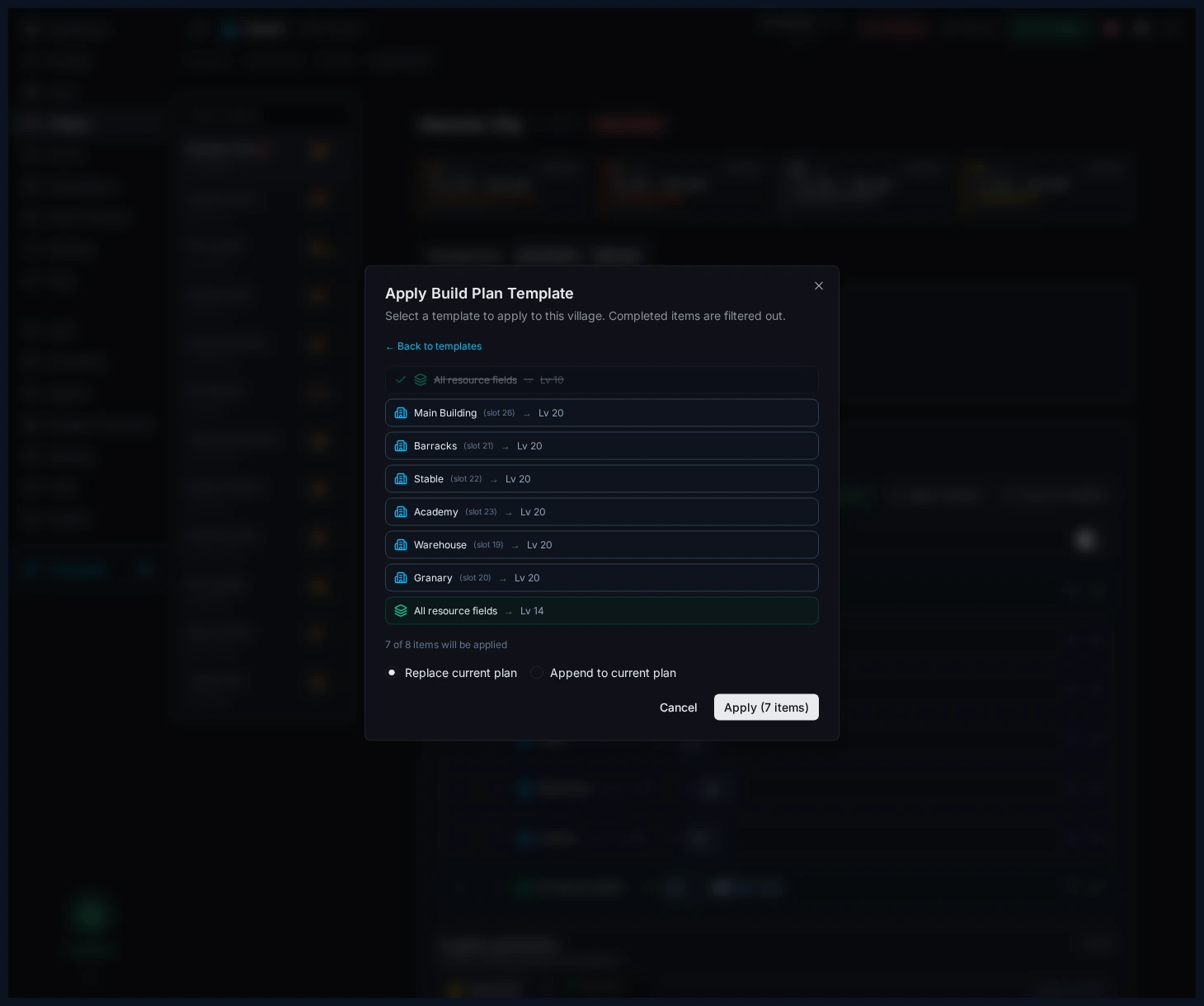 Apply template dialog showing the current preview and plan merge options