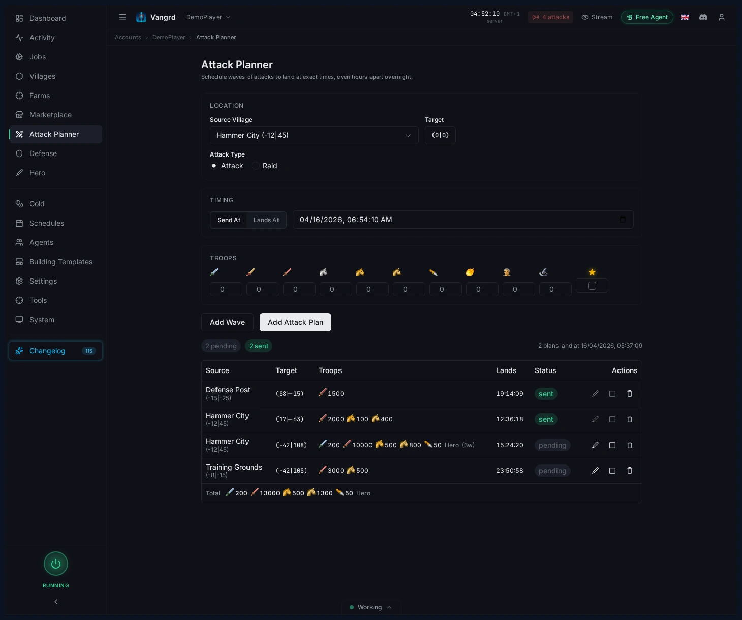 Attack Planner page showing source village, target picker, and timing controls