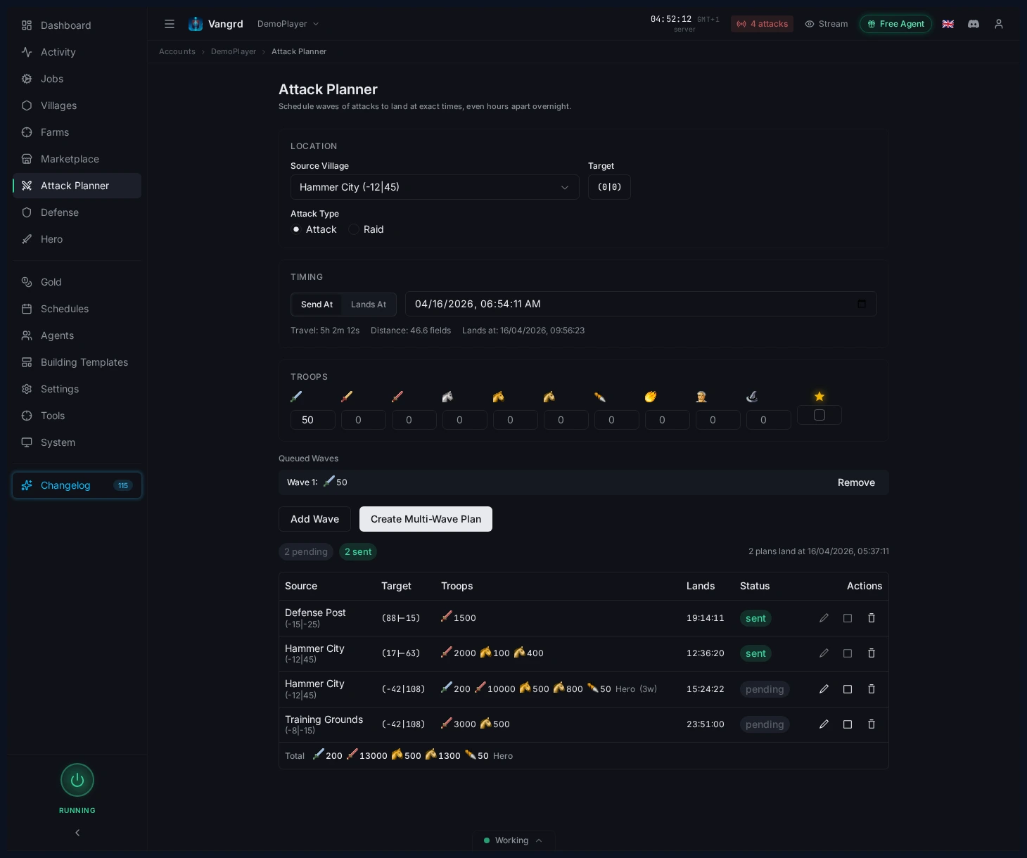 Attack Planner with queued waves visible and the multi-wave action ready