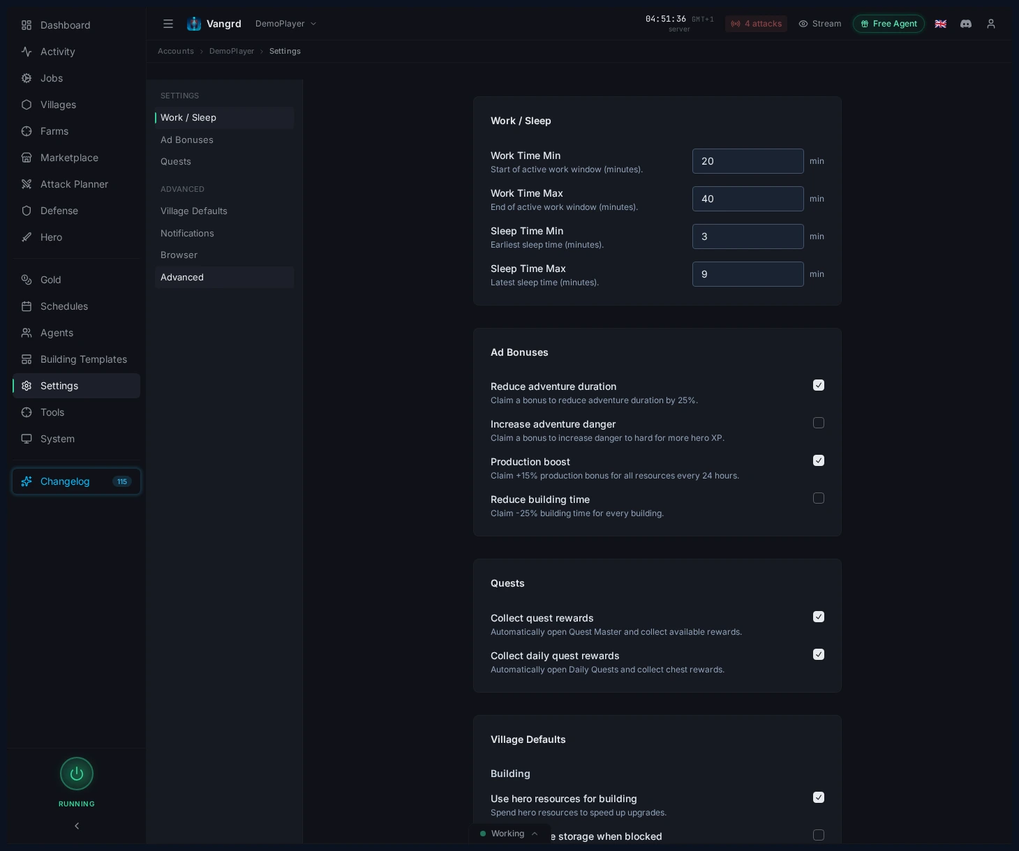 Account settings showing browser and advanced controls including NPC and shipment limits