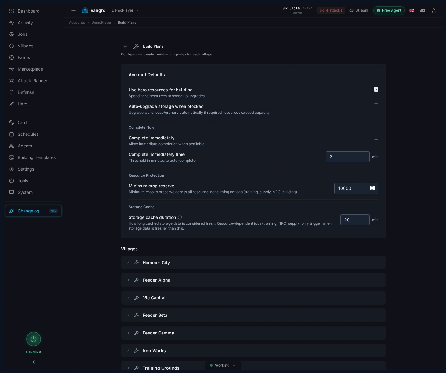 Build Plans page showing account-wide building automation defaults