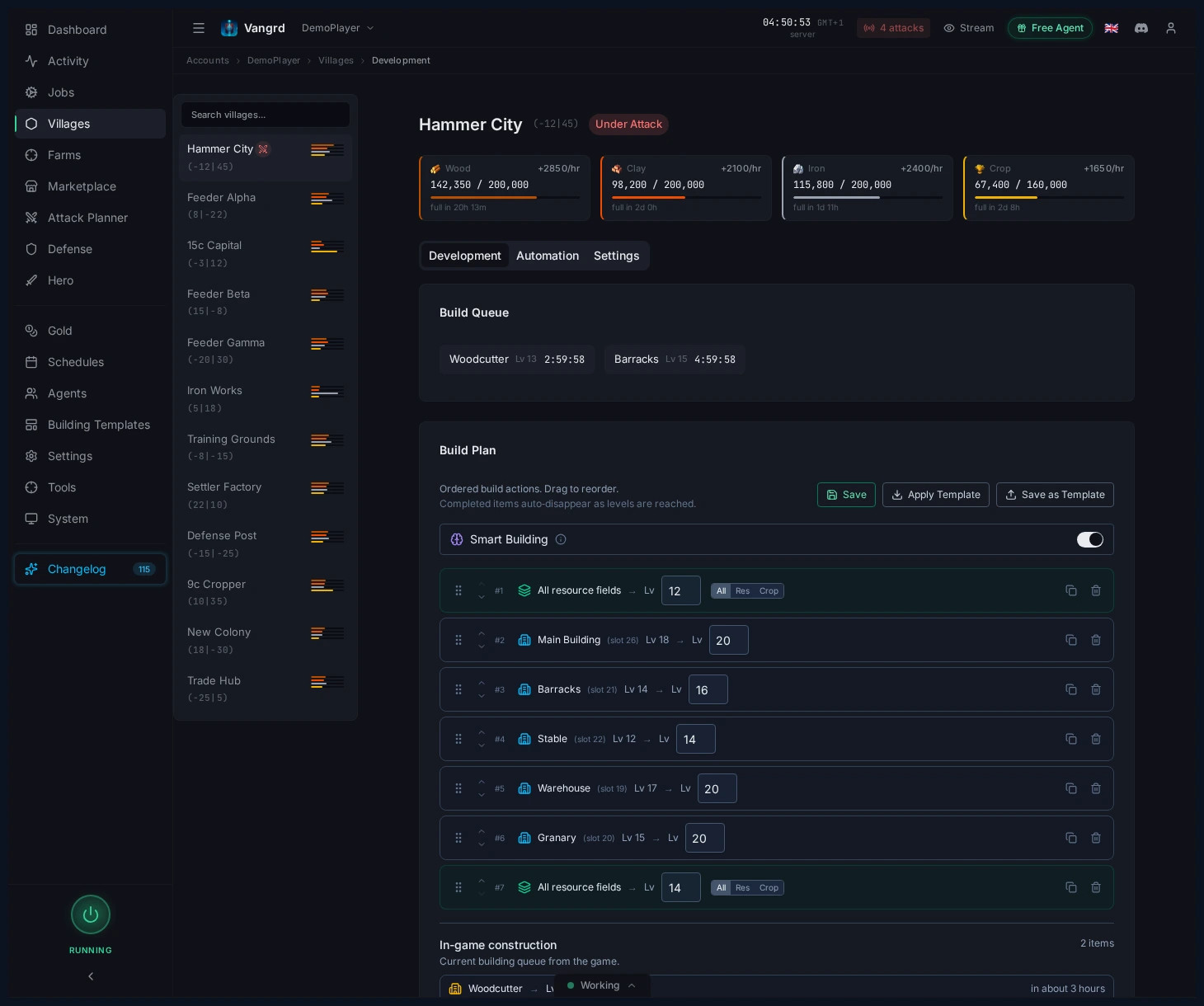 Village development page showing the current build plan layout and queue controls