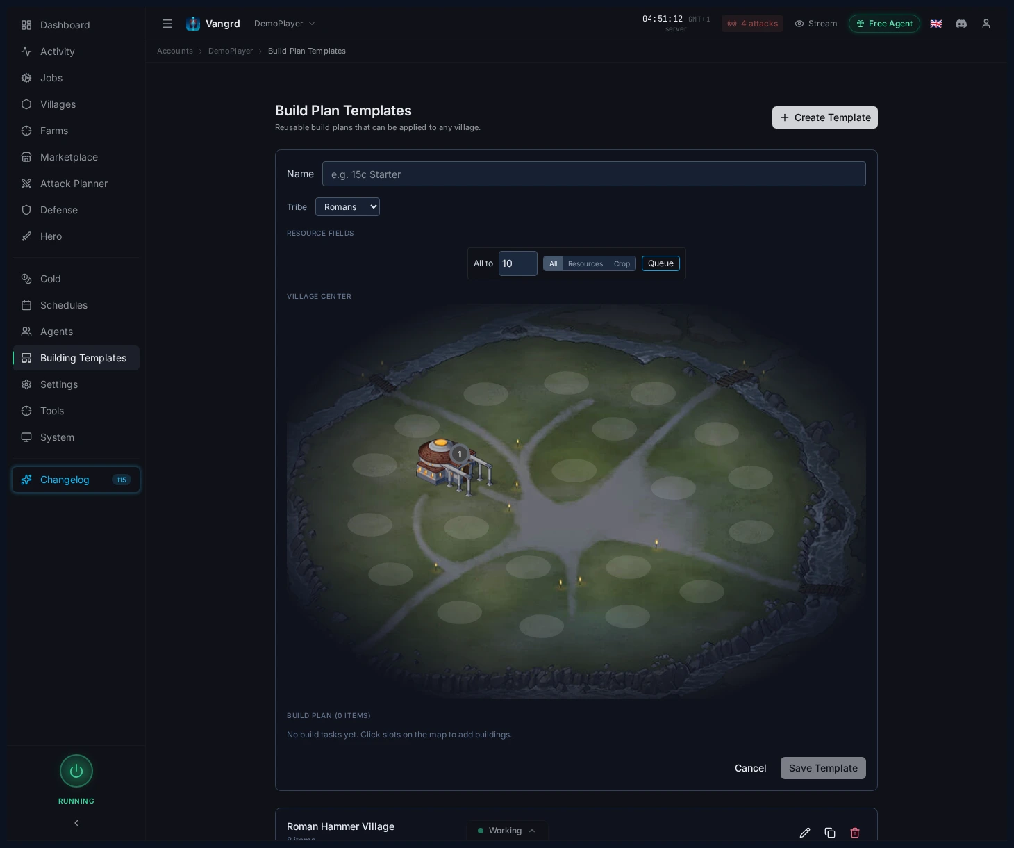 Template editor showing tribe selection, field actions, and the village map