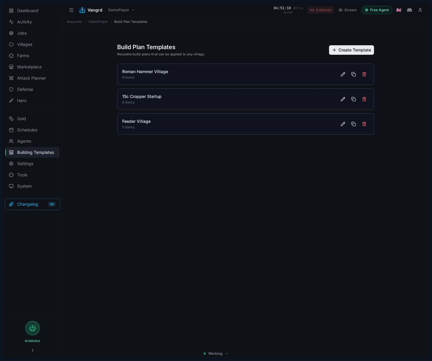 Build Plan Templates page showing saved templates and template actions