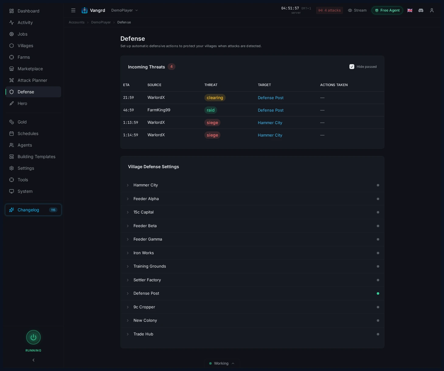 Defense page showing incoming attacks and the current village list