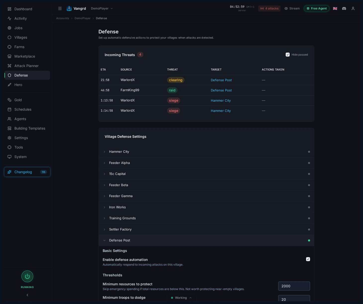 Expanded village defense settings showing thresholds, threat responses, and notifications