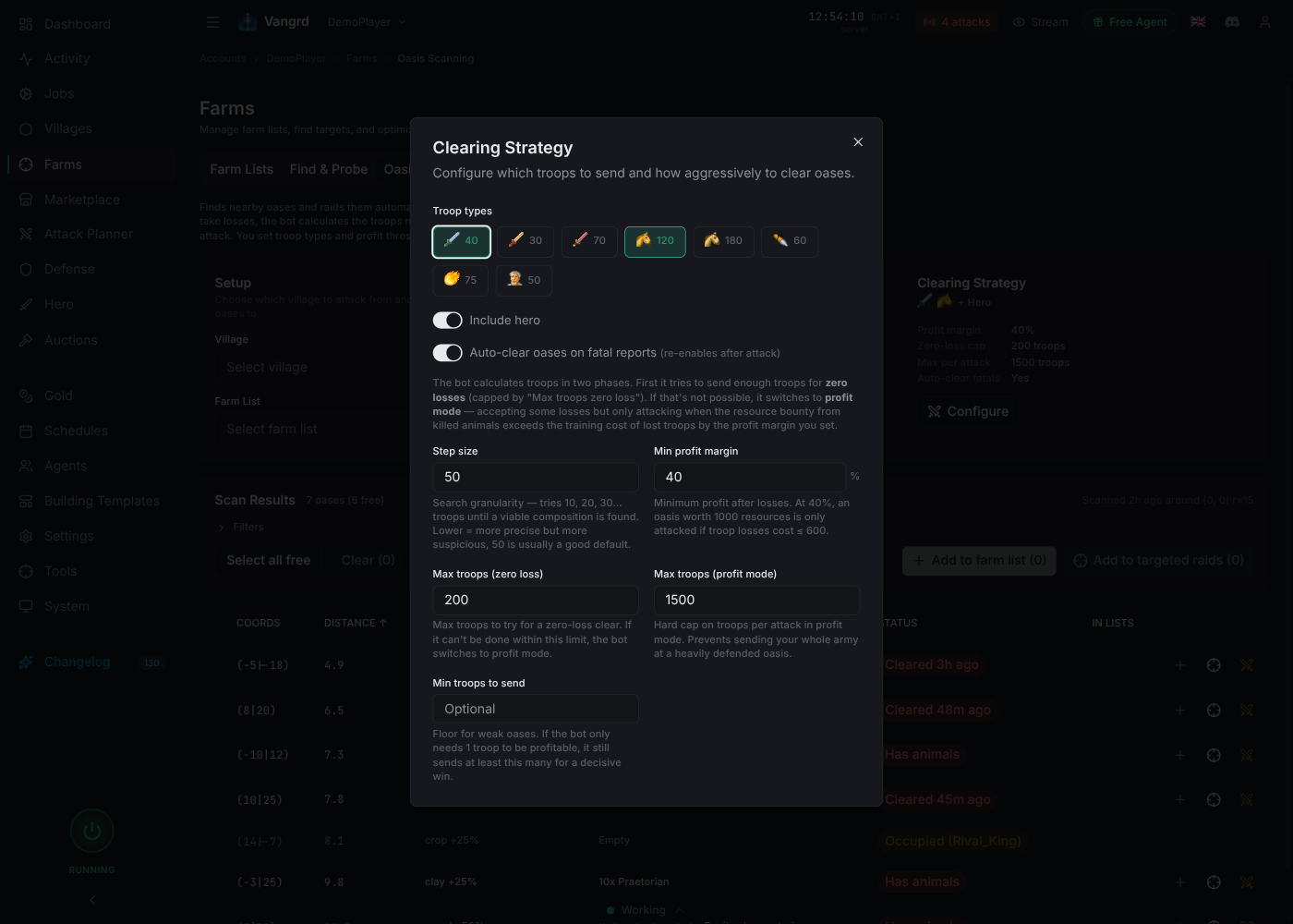 Clearing strategy modal showing troop selection, profit margin, and casualty handling