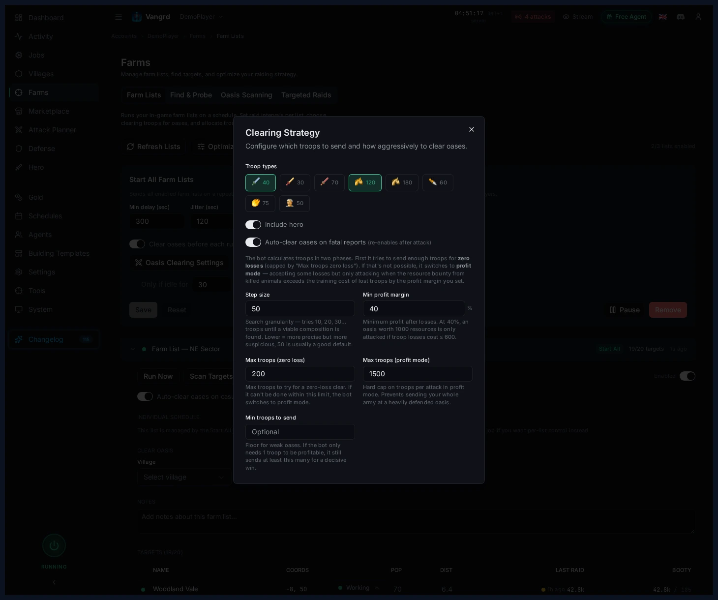 Oasis clearing settings modal showing troop selection, profit thresholds, and casualty handling