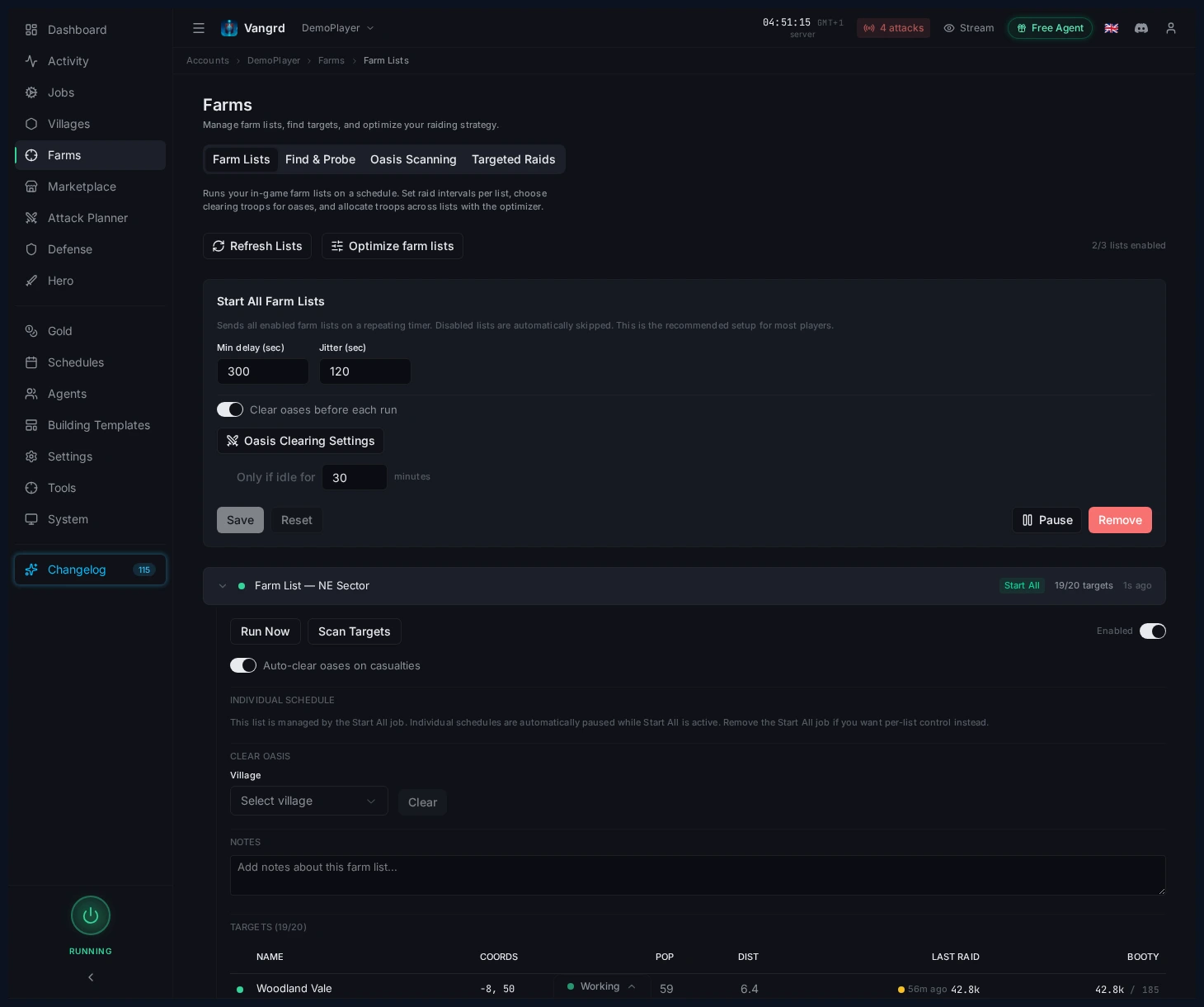 Expanded farm list showing target rows, notes, and list-specific actions
