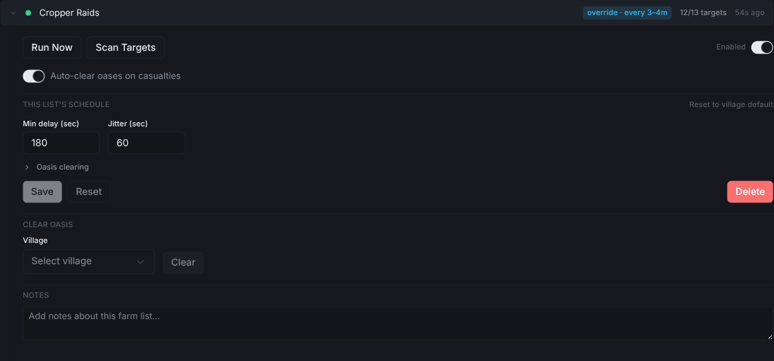 Expanded farm list row showing per-list delay, jitter, and action buttons