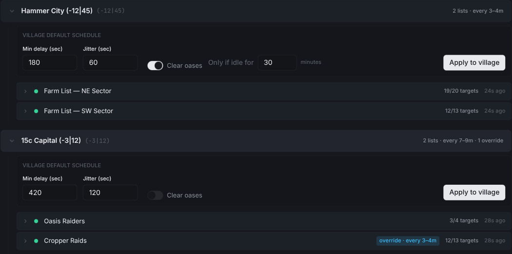 Expanded village row showing the default schedule form with Apply to village button