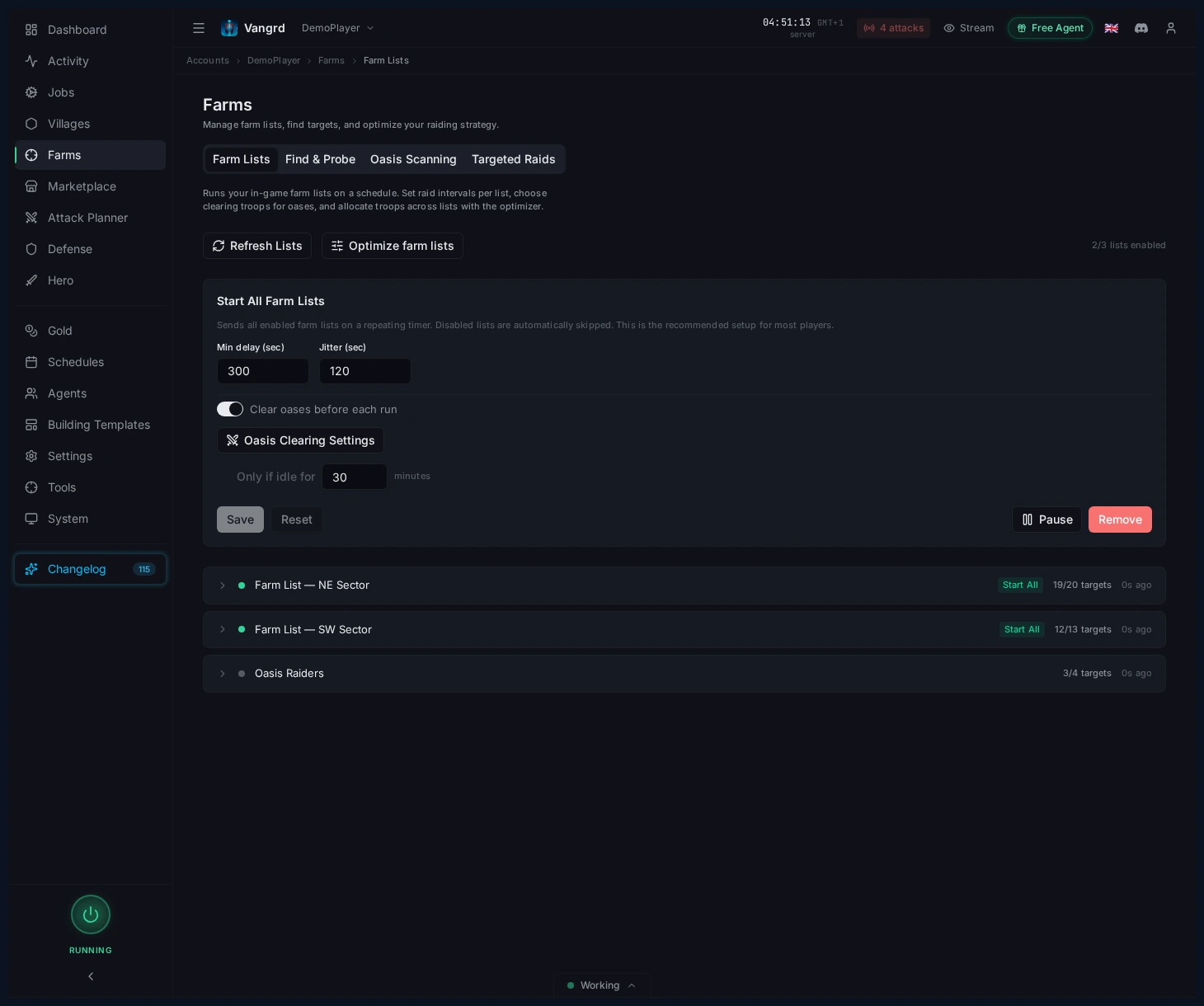 Farm Lists page showing the Start All controls and the current list overview