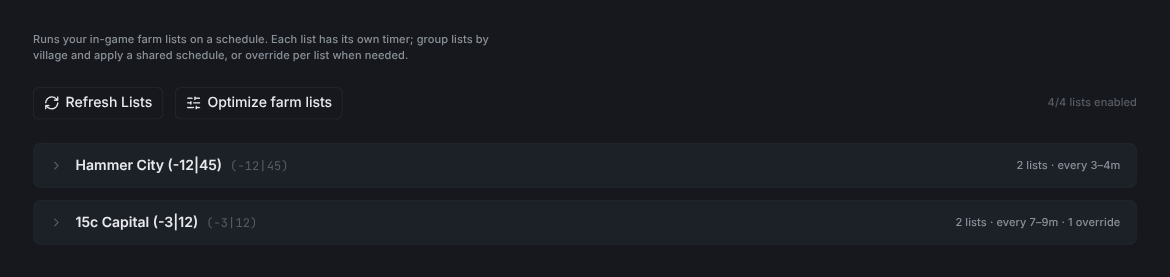 Farm Lists page with villages collapsed, showing the schedule summary and list counts