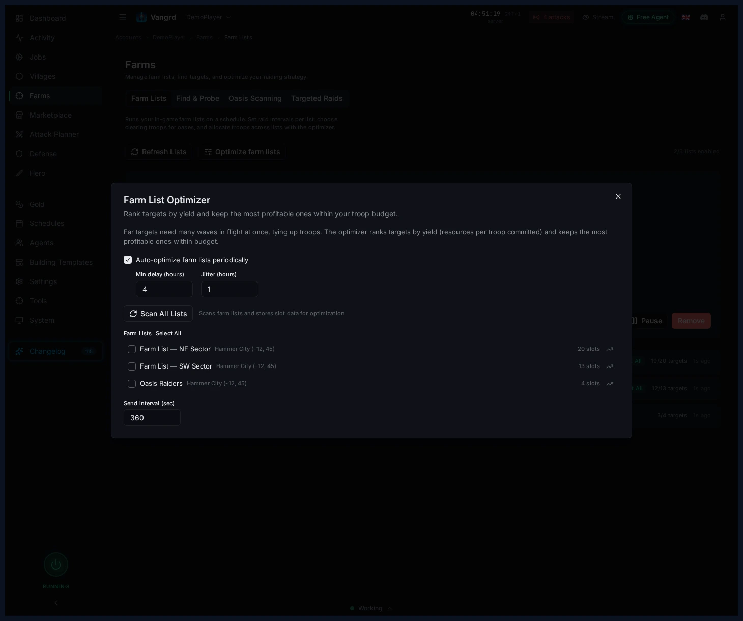 Farm optimizer dialog showing selected lists, auto-optimize, and scan controls