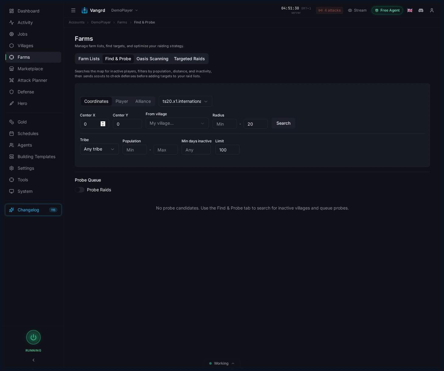 Find and Probe page showing the current search modes and filter controls