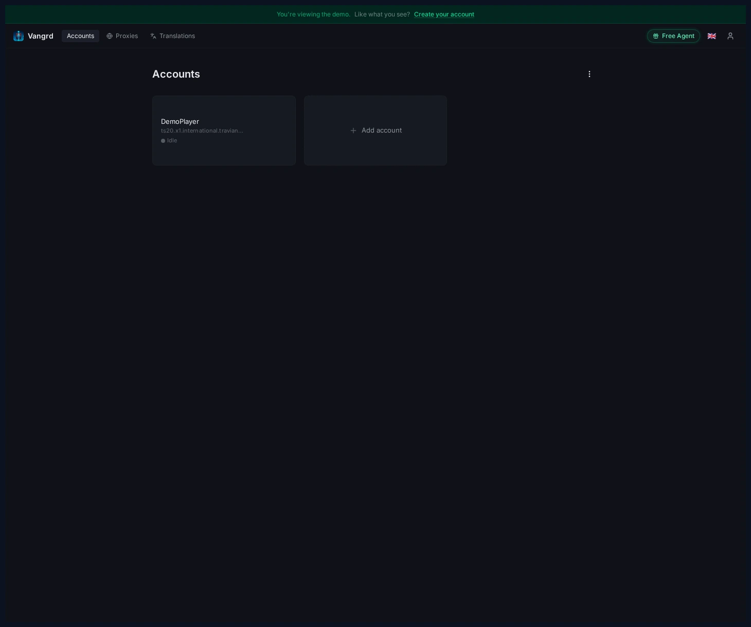 Accounts page showing existing account cards and the add account action