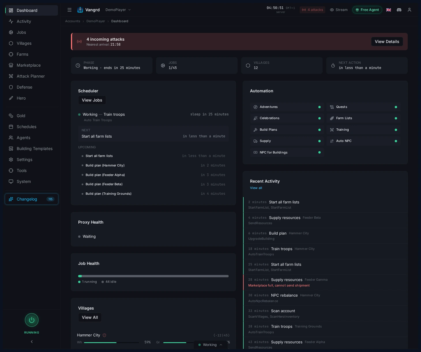 Dashboard showing scheduler status, village summaries, and current account warnings