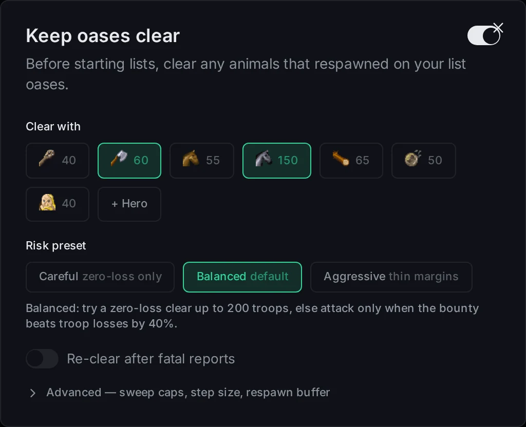 Modal para mantener oasis limpios con chips de tropas, presets de riesgo y la sección avanzada contraída