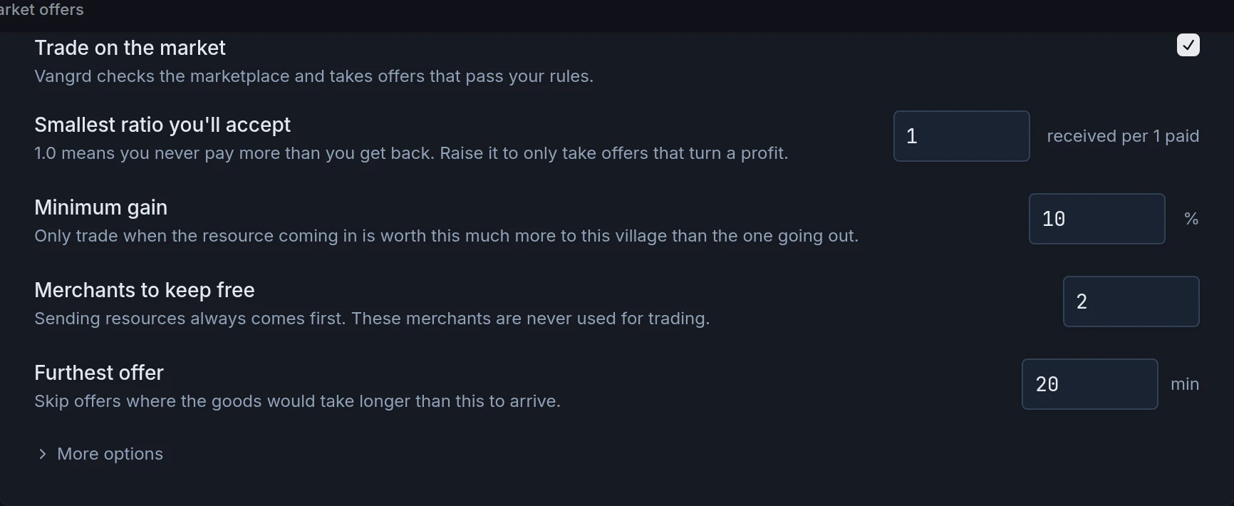 Market rules showing the enable switch, smallest ratio, minimum gain, merchants to keep free and furthest offer