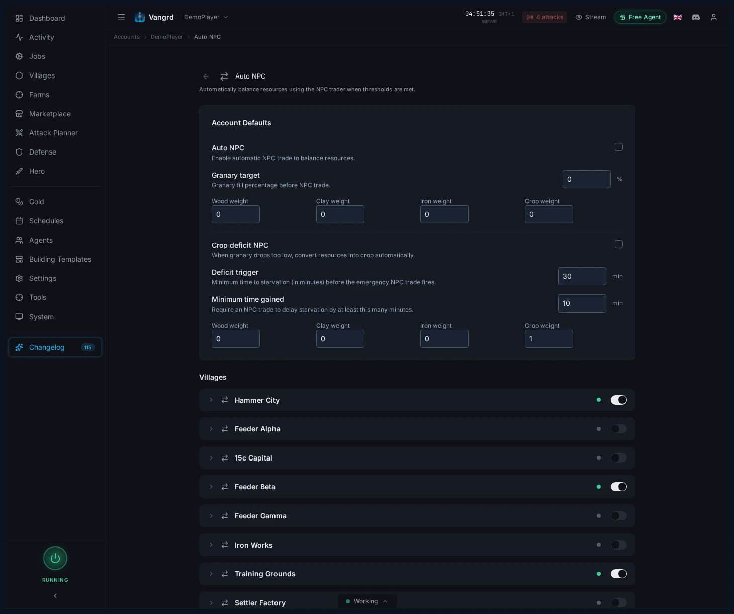 Auto NPC page showing granary target, weights, and crop-deficit settings