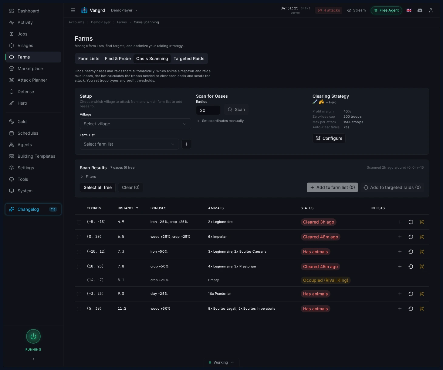 Oasis scanning results showing scan output, status labels, and add-to-list actions