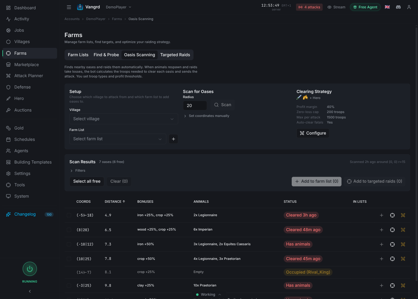 Oasis scanning results with status filters and add-to-list controls
