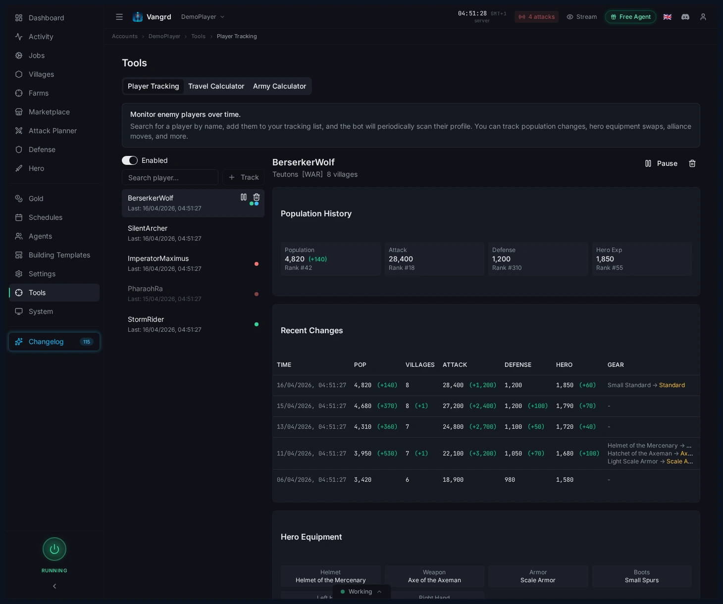 Tracked player details showing stat cards, recent changes, and hero equipment