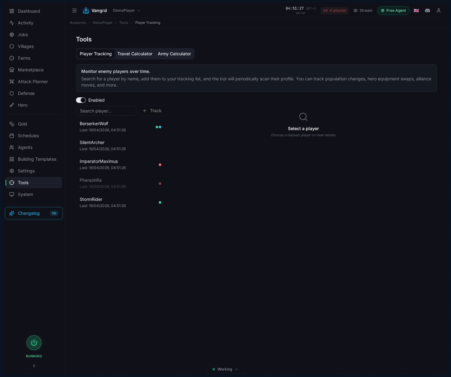 Player Tracking page showing the watch list and the current overview state