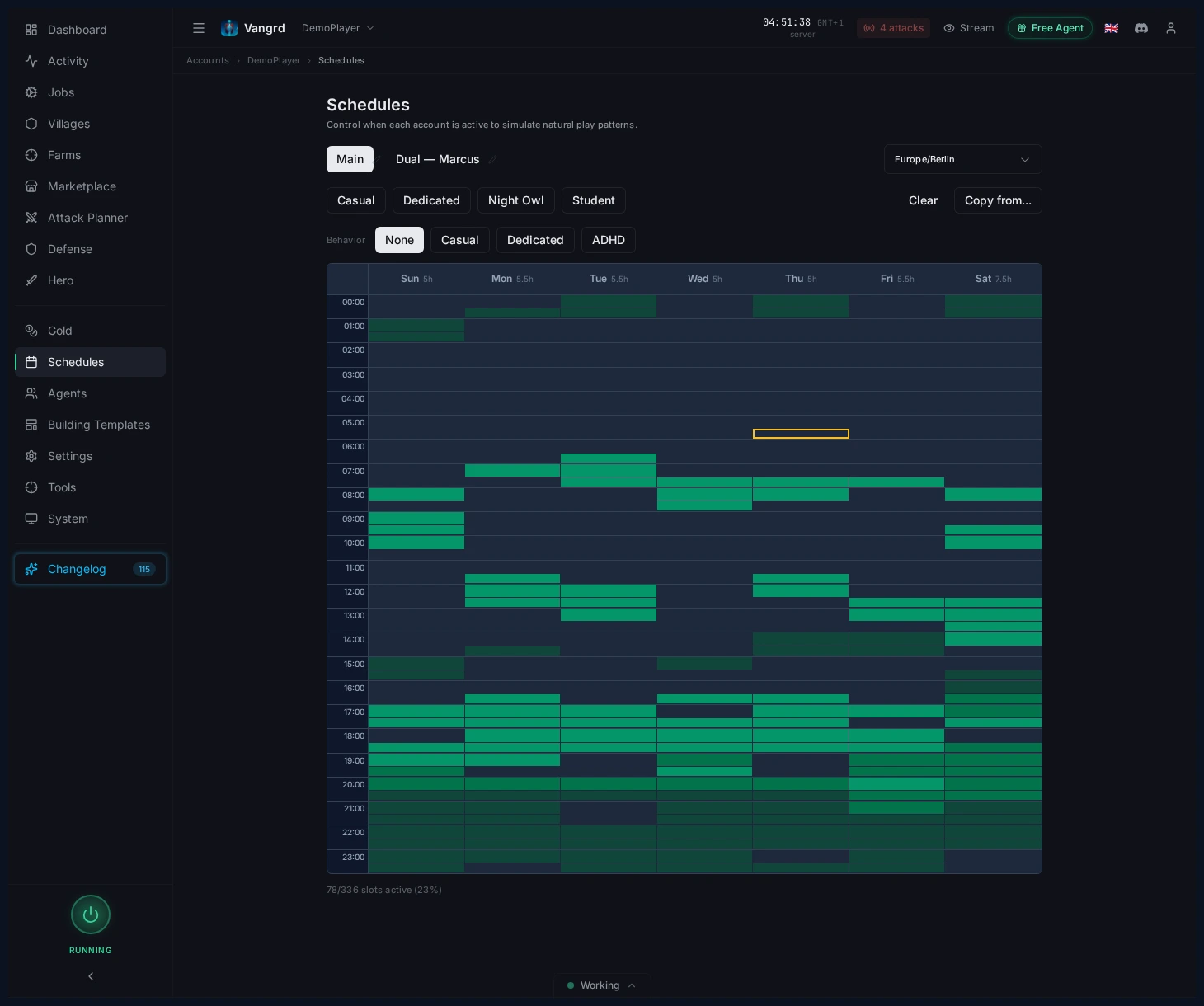Schedules page showing the weekly grid, presets, timezone selector, and copy controls