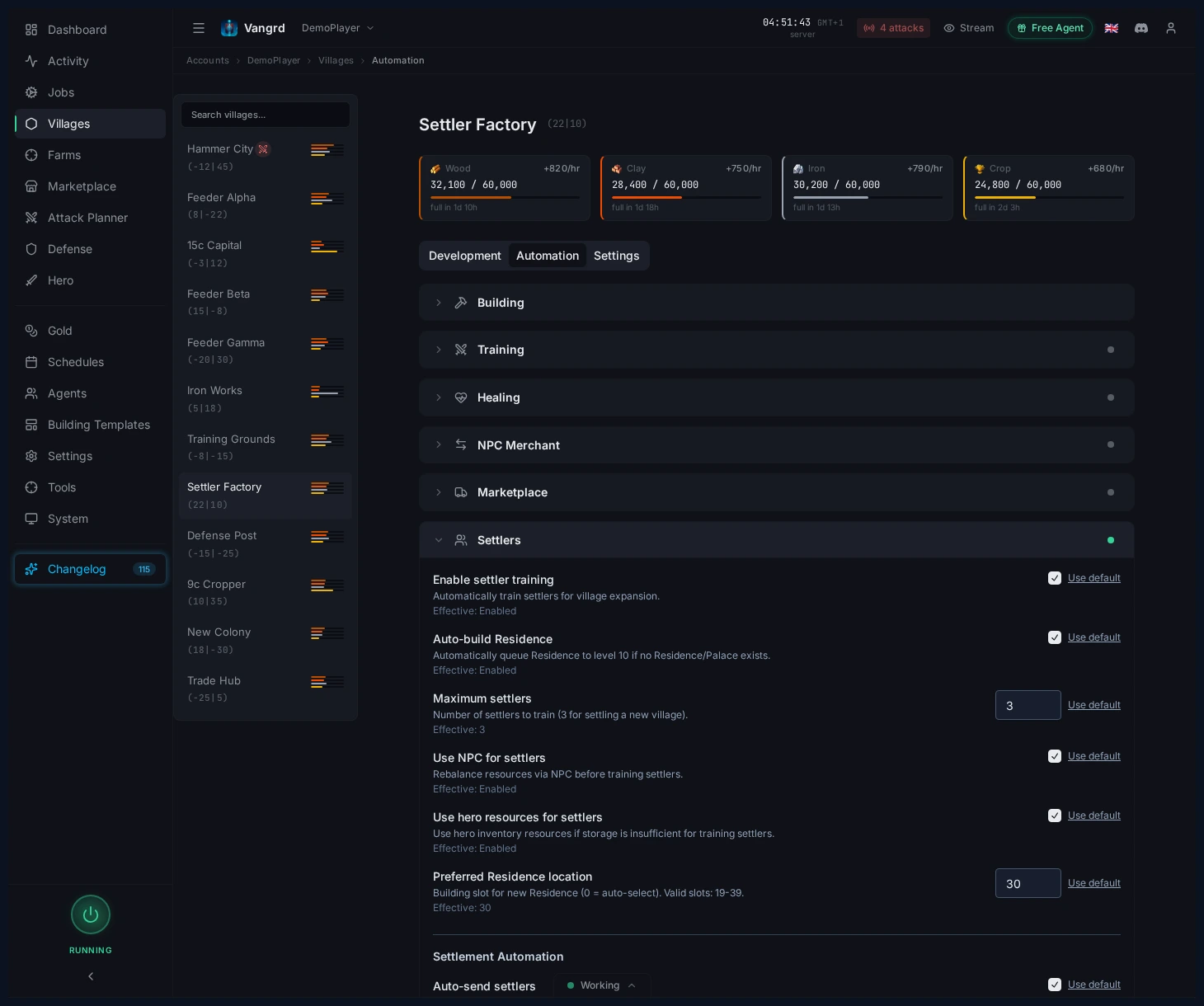 Settler settings showing residence support, settler count, and settlement controls