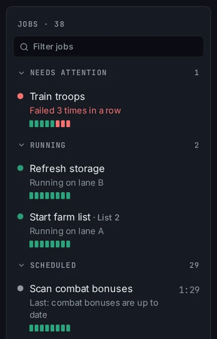 Job list grouped into Needs attention, Running and Scheduled, each job with a reason line and a run history bar