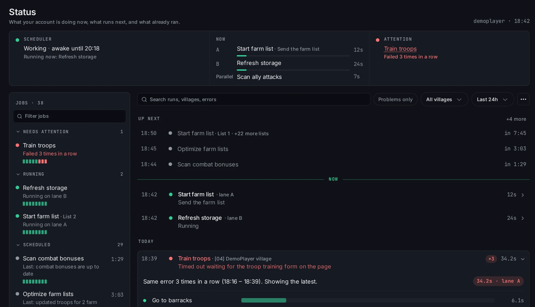 Status page with the Now strip, the job list on the left and the run timeline on the right