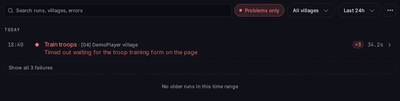 Timeline with Problems only turned on, showing one failed Train troops run that failed three times