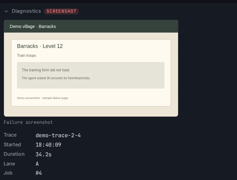 Diagnostics with the failure screenshot of the barracks page and the run facts below it