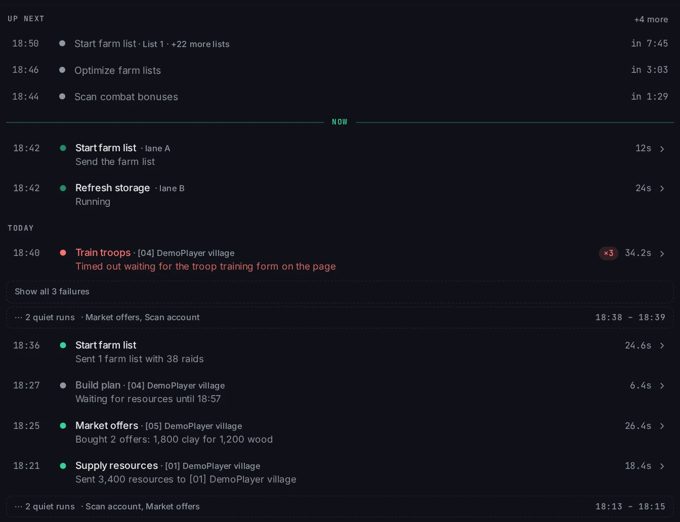 Run timeline with Up next, the Now line, running jobs, and past runs with folded quiet runs