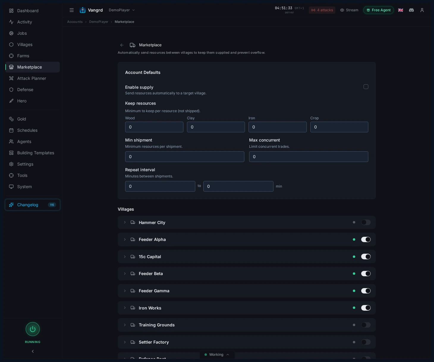Supply automation page showing target village, keep thresholds, and shipment pacing