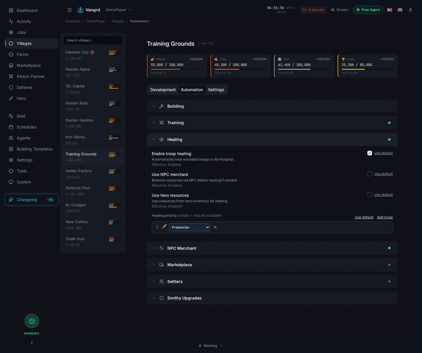 Troop healing settings showing enable, NPC, hero resources, and priority order