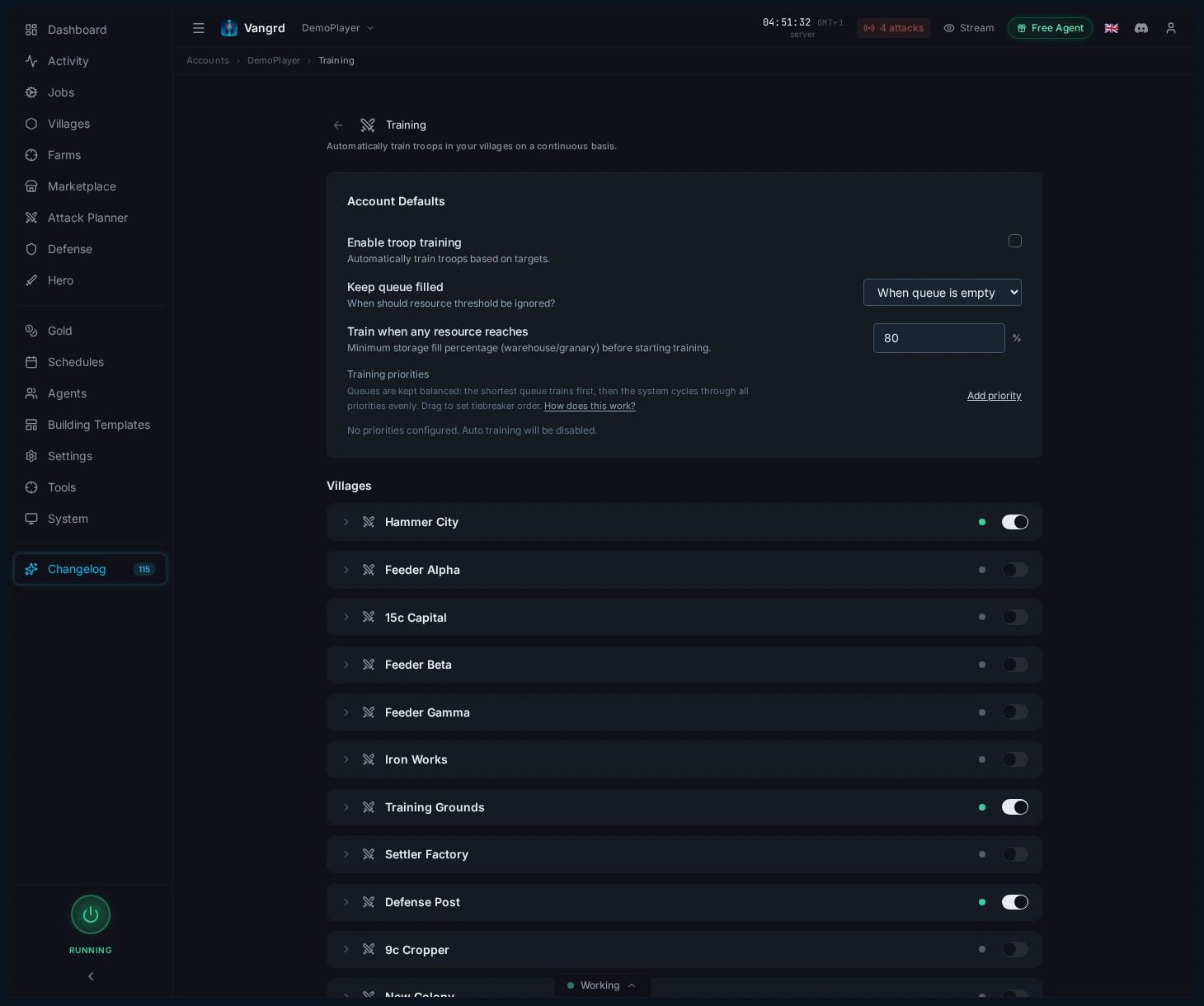 Training settings page showing account-wide training defaults and thresholds