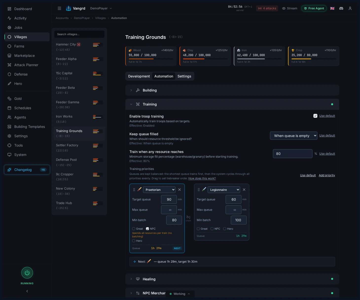 Village automation training section showing priorities, chaining, and per-priority options