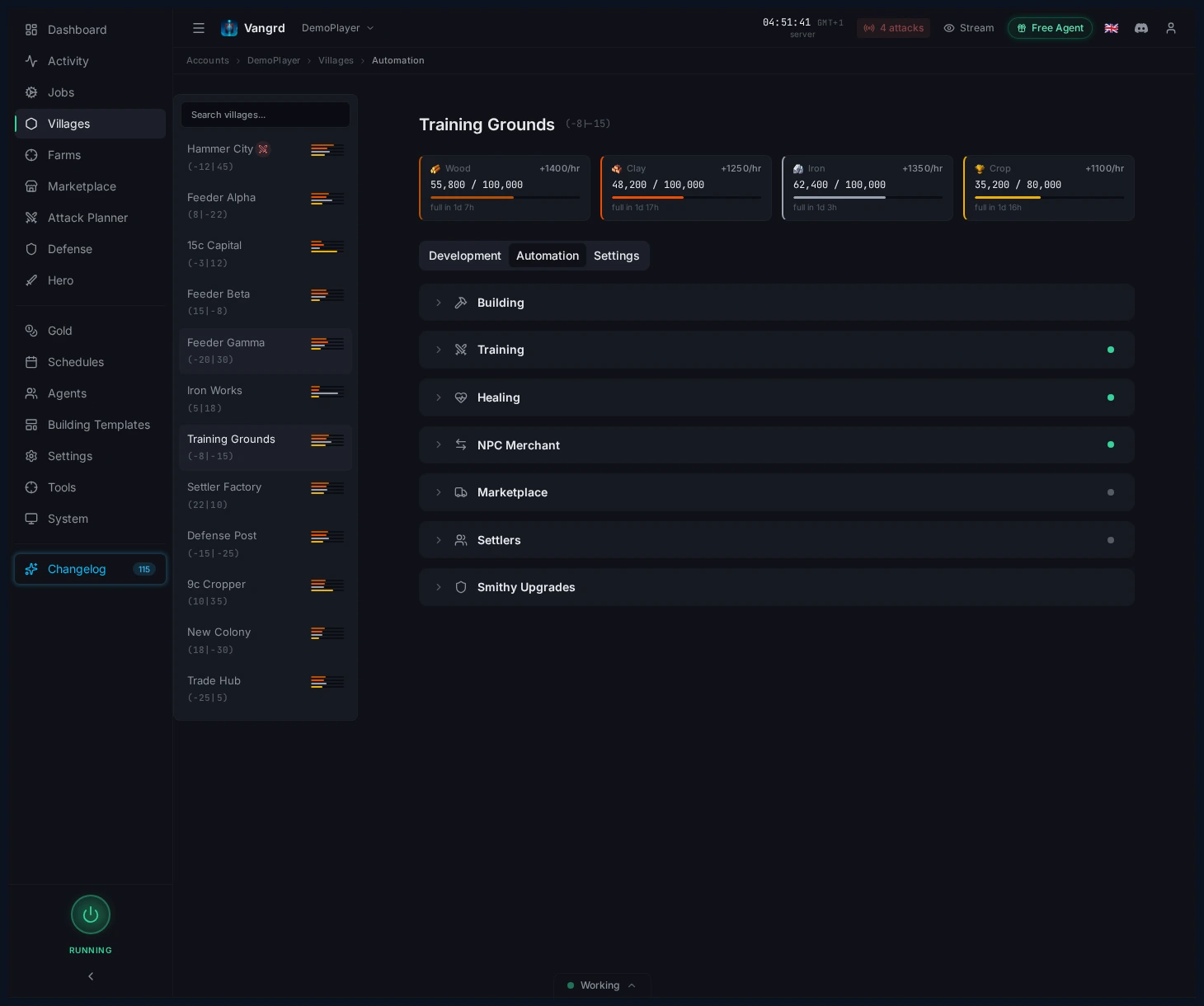 Village automation page showing the current automation sections for a village