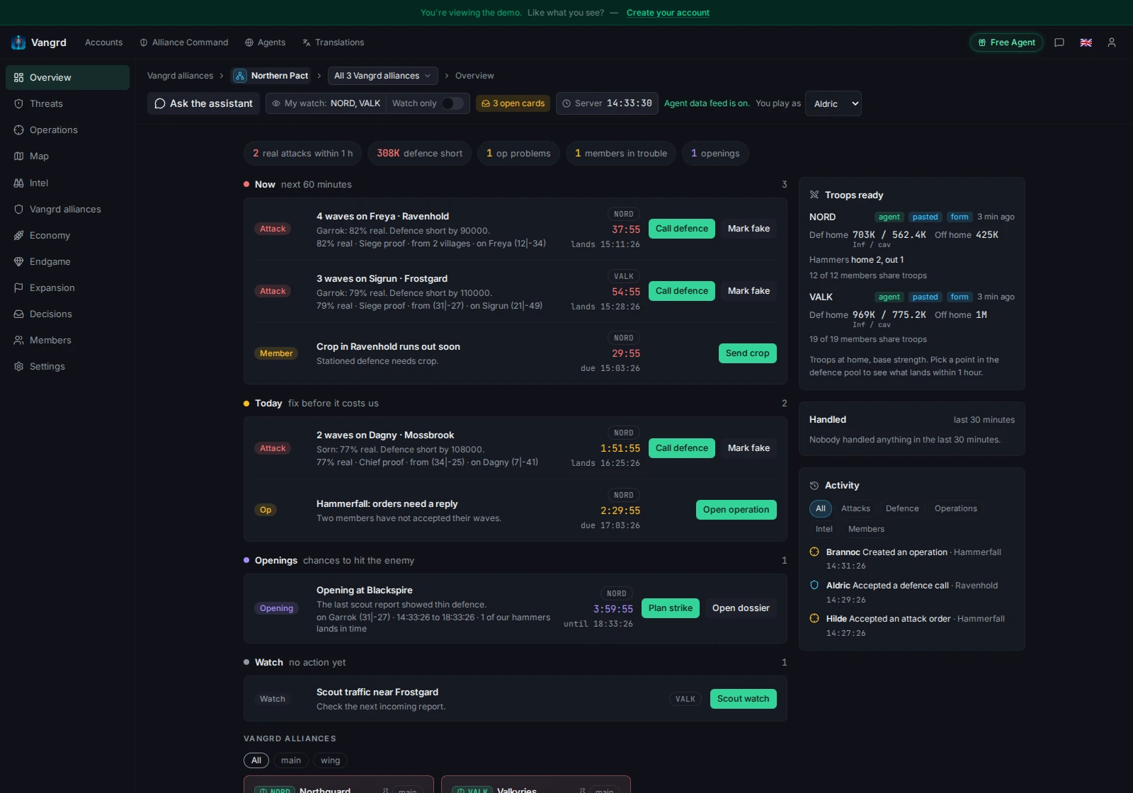 Alliance Command overview with a coalition priority feed and member alliances.